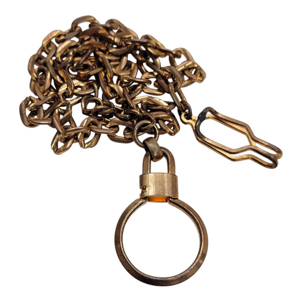 Vintage Gold Tone Pocket Watch Chain Belt Clip Barrel Lock Key Ring Fob